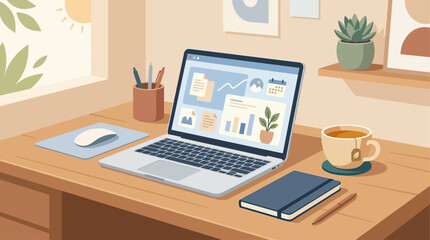 Fototapeta premium A flat design illustration depicting a calm minimalist office desk with an open laptop and a stylized cup of tea.