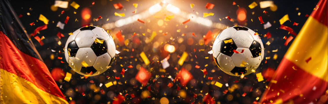 two classic black and white soccer balls flying in a bright illuminated sports stadium with colorful confetti between the national flags of germany and spain