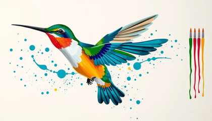 Fototapeta premium A small ruby-throated hummingbird with vibrant green feathers hovers in flight near a tropical flower to sip nectar with its long beak
