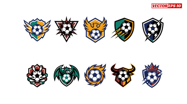Collection of Diverse Soccer Emblems and Crests Featuring Footballs.