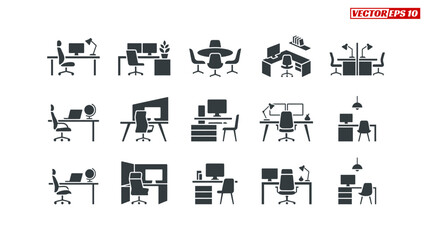 Fototapeta premium Collection of Office Workspaces and Desks Icons.