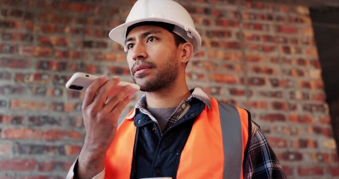 Phone, man and talking on speaker at construction site with app, internet or online dictation. Asian person, technology and call for project management, audio list or renovation notes at building