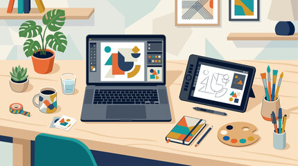 Fototapeta premium An overhead flat design illustration showcasing a creative minimalist desk setup, complete with an open laptop, a digital drawing tablet, and abstract art supplies.