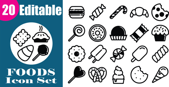 Set of 20 editable food, Sweets, Dessert, Icons, Bakery Products, Candies, Cakes, Very Tasty, Symbols, Logos, Set, on transparent background, Vector