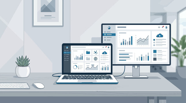 An eye-level flat design illustration of a dual monitor setup on a minimalist desk, featuring an open laptop connected to an external monitor.