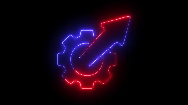 glowing neon Growth optimization icon with gear and arrow on black background. symbolizing growth, progress, optimization, automation, and business performance improvement. 4k video animation.