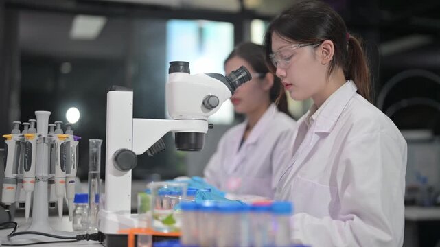 Scientists in laboratory conduct research with microscopes and test tubes