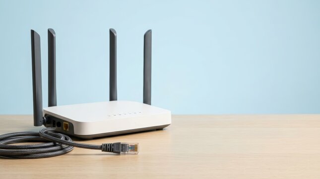 Modern Wi - Fi router with unplugged Ethernet cable on wooden table