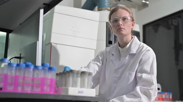 Scientist in lab coat and safety glasses conducts experiment with test tubes and equipment