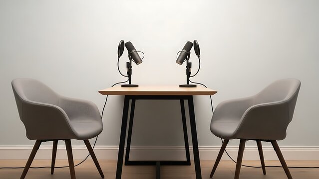 Two gray chairs with microphones on a wooden table indoors