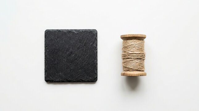 Minimalist composition featuring textured black slate square coaster next to rustic wooden spool of twine fiber over clean white background surface for copy space.
