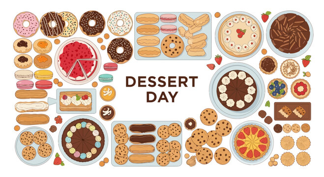 A collection of various delicious desserts and sweet treats arranged on a white background.