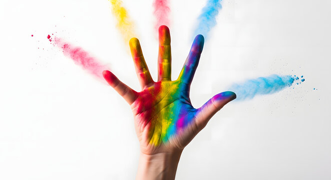 Hand with vibrant rainbow powder exploding outwards during creative expression