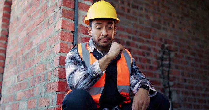 Glasses, tired or man with stress at construction site, building deadline or burnout for labor pressure. Below, eyewear or person with exhaustion for safety anxiety, overwhelmed or development delay