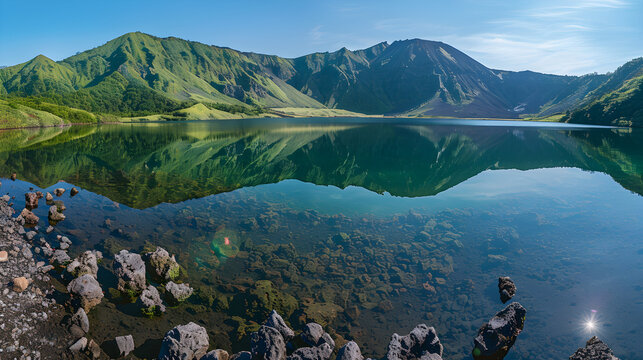 Wide Panoramic Crater Landscape of Calm Mirror Reflection on Boga Lake