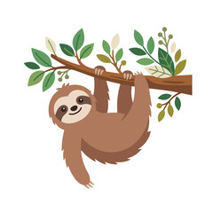 Fototapeta premium Cute baby sloth hanging from a tree branch. Flat design cartoon animal illustration. Vector graphic isolated on white background