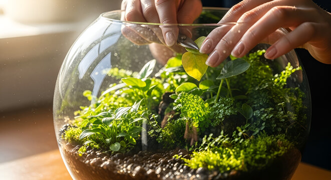 Hands tending to plants in a glass terrarium