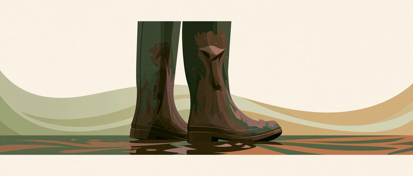 Muddy Wellington boots on abstract background with green waves  