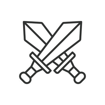 Fantasy swords, icon in line design. fantasy swords, crossed swords, game, weapon, battle, medieval, adventure on white background vector. Fantasy swords editable stroke icon