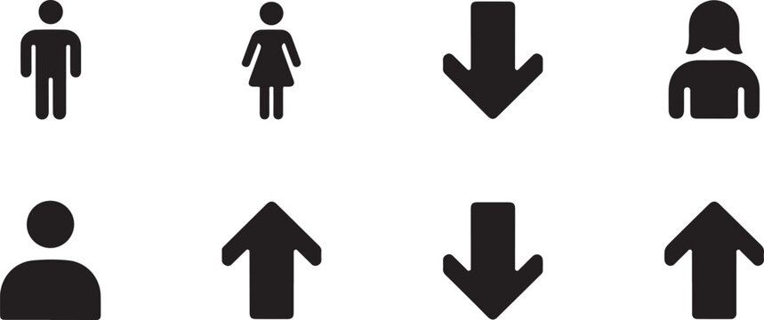 Elevator icon set vector illustration. Lift symbols with man and woman figures and up and down arrows. Black icon silhouette vector