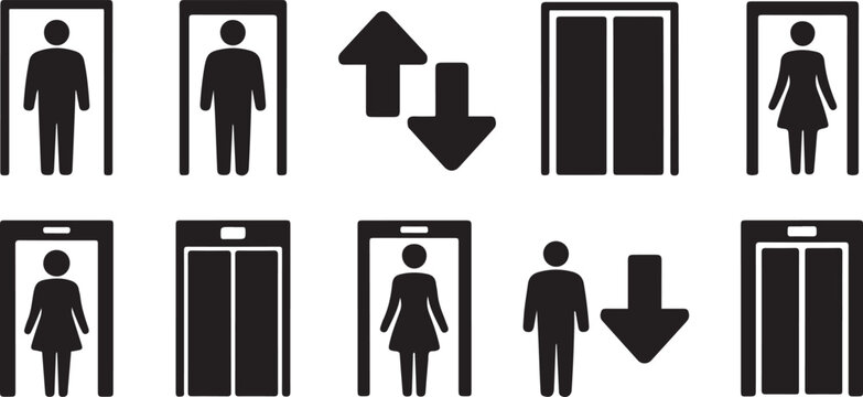 Elevator icon set vector illustration. Lift symbols with man and woman figures and up and down arrows. Black icon silhouette vector
