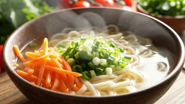 Steaming bowl of fresh udon noodle soup with carrots and scallions authentic japanese cuisine close-up