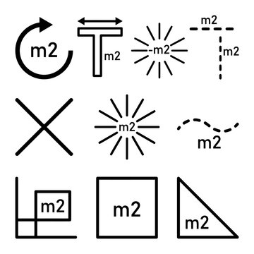 Set of area measurement icons, square meters symbols, geometric shapes and architectural measurement signs for floor plan design, vector illustration