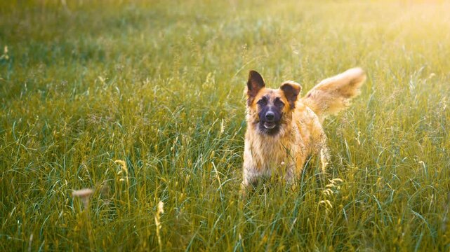 Dog Standing in Tall Grass Barking and Wagging Tail | Slow Motion Shot of Happy Mixed Breed Dog Outdoors at Golden Hour | Summer Nature