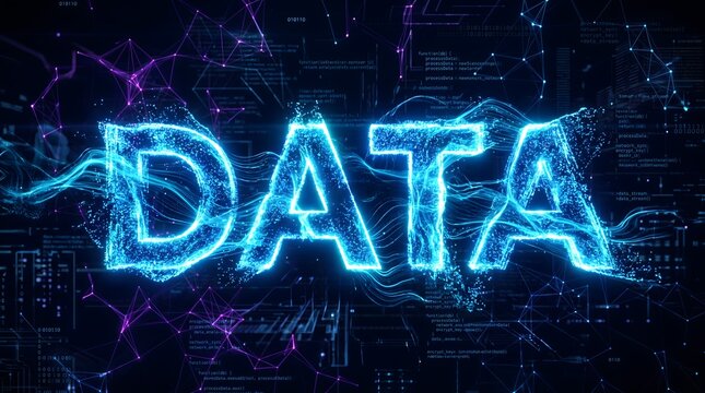 data text in glowing blue particles on dark digital background information word neon network technology futuristic code programming software internet analytics database cyber
