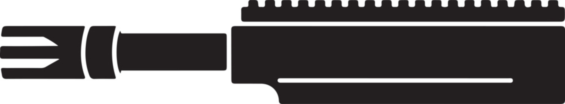 AR 15 assault rifle barrel, with attached flash suppressor. Black icon silhouette vector