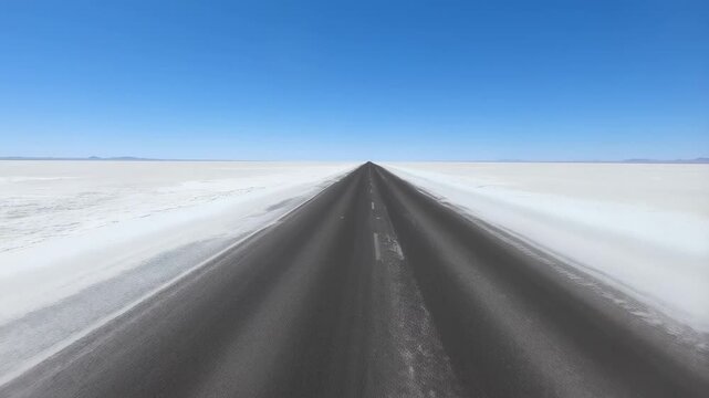 Aerial journey through endless desert highway under clear blue sky