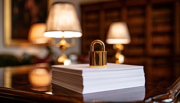 Polished gold padlock secures a stack of white paper on a polished wooden desk