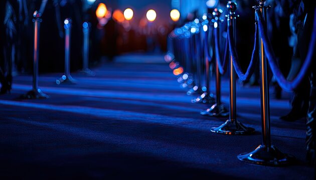 Blue carpet with stanchions leads to out-of-focus, glowing event, signifying glamour