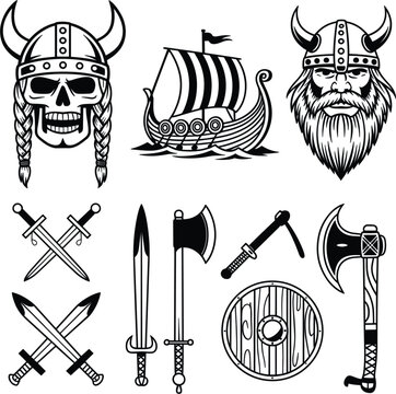 Viking icons collection illustration featuring Norse warriors longship weapons shields and mythology vector artwork design set