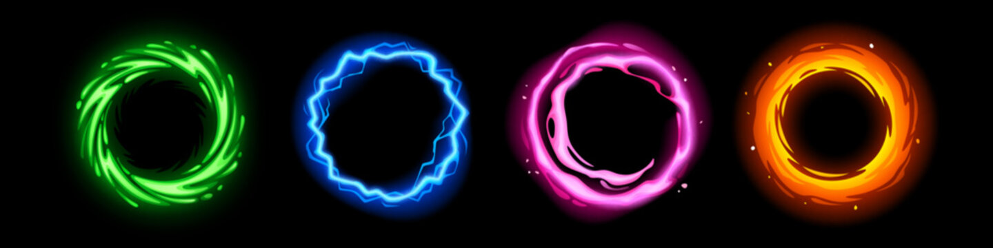 Light neon circle portal on dark background with magical glow effect. Abstract swirl of fire and energy in stunning ring of blue and orange, green and pink hues with bright sparks and fantasy vibes.