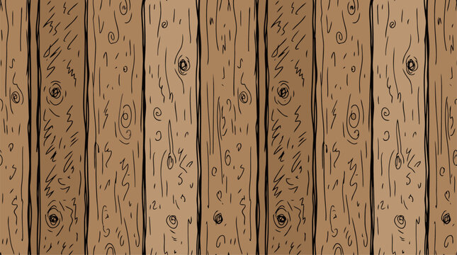 Seamless wood texture background, handdrawn illustration of wooden planks with knots and grain patterns, rustic timber surface design