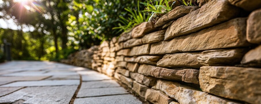 Curved stone wall and flagstone path bathed in sunlight through trees