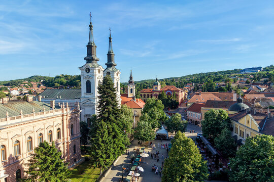 Aerial View of Historic Sremski Karlovci Town Square and Church