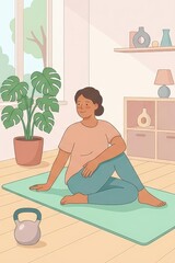Obraz premium Woman practicing yoga and stretching on mat in cozy home interior
