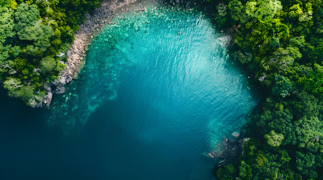 Aerial view of a pristine turquoise lagoon surrounded by lush tropical rainforest