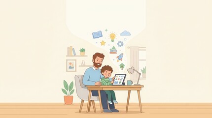 Fototapeta premium Father and son learning together on tablet at home