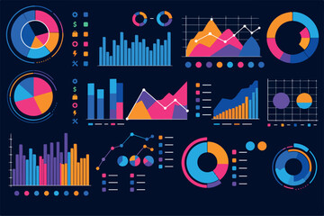 Obraz premium Neon Data Analytics Infographic Vector Pack with Financial Charts Dashboard UI and Statistics Elements. Infographic with graph and chart on abstract background