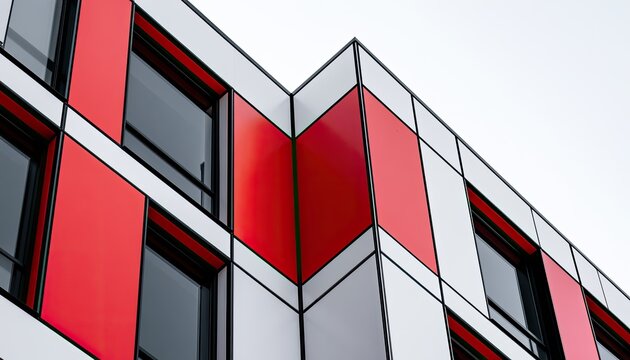 Abstract architectural facade with bold red and white geometric panels