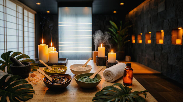 Healing clay in dermatology, bowls of multicolored clay and skincare ingredients on a table in a spa salon, copy space for text, healthy lifestyle with prevention