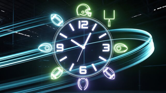 A digital clock with glowing neon symbols surrounds the face in a futuristic dark room.