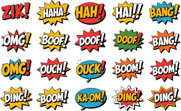 Comic book speech bubbles and sound effects isolated on white background