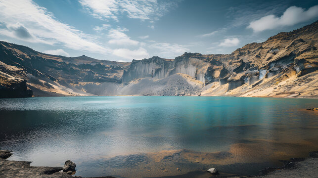 Stunning turquoise crater lake surrounded by dramatic volcanic cliffs and rugged rocky landscape