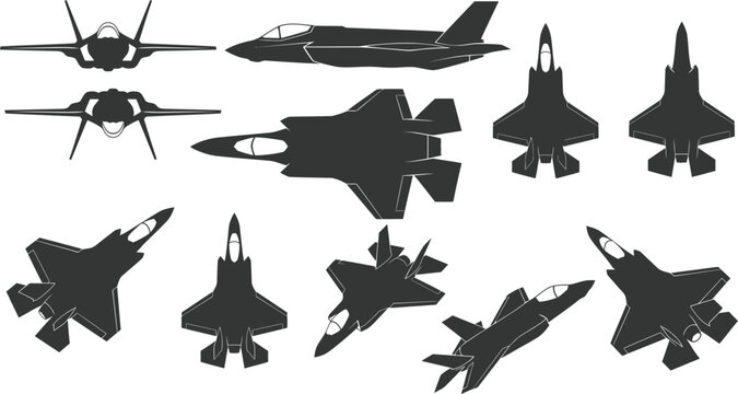F-35 Lightning II Stealth Fighter Jet Clean Silhouette Set 10 Views Front Side Top Isometric Vector
