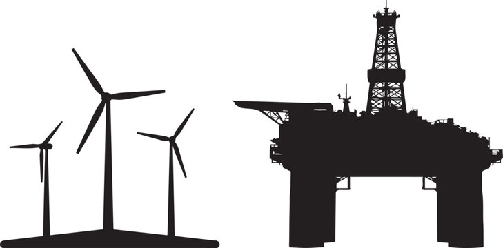Black, silhouette, of, offshore, oil, platform, drilling, rig, and, wind, turbines, isolated, on, white, background