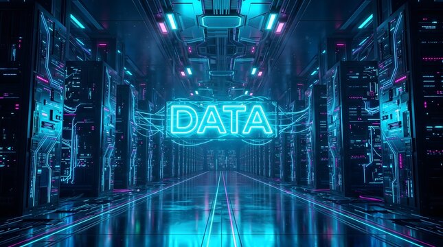 data text in futuristic server room with neon lights cyberpunk technology digital network servers hallway glowing blue pink science fiction center information storage